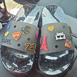 Black Karl Lagerfield Slide Sandals with Colorful Embellishments Size 8m